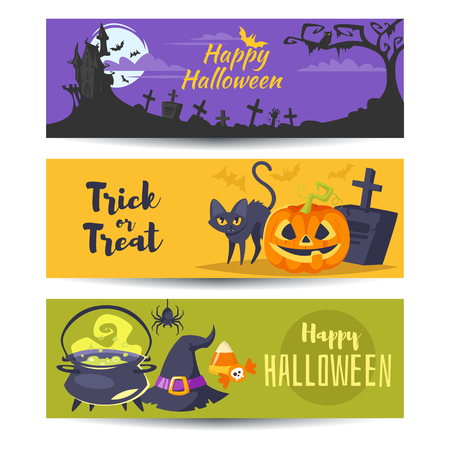 Vector cartoon style template for Halloween banner with holiday symbols.のイラスト素材