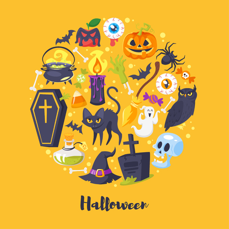Vector cartoon style round composition of Halloween symbols.のイラスト素材