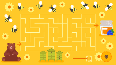 Vector flat style illustration of kids honey and beekeeping board game template. Children's labyrinth with bee and bear. For print.のイラスト素材