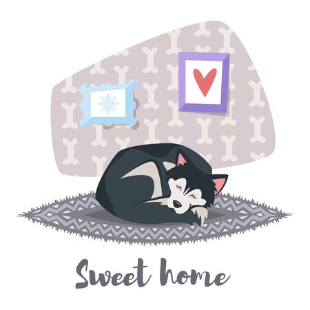 Vector cartoon style illustration of cute husky dog sleeping on the carpet. "Sweet home" title.のイラスト素材
