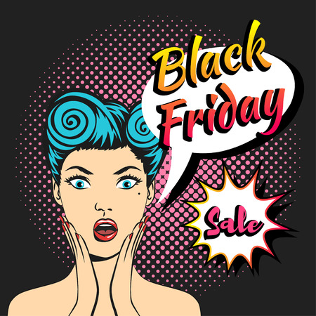 Vector pop art comic style web black friday banner template design with cute amused womanのイラスト素材