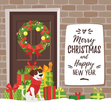 Cartoon style Christmas and New Year greeting card with holiday presents.のイラスト素材