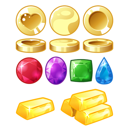 Vector cartoon style illustration of golden coins, colorful brilliants and golden bars. Isolated on white background. Game user interface (GUI) element for video games, computer. In-game currency.のイラスト素材