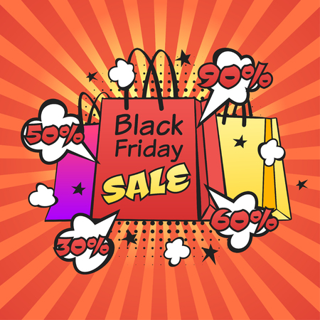 Vector hand drawn pop art illustration of black friday banner with shopping bags and blow effect. Retro style. Hand drawn sign. Illustration for print, web.のイラスト素材