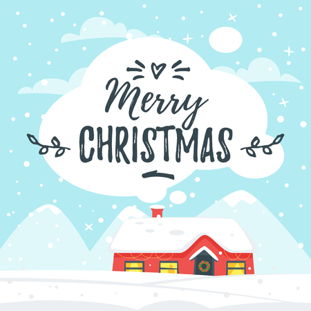 Vector cartoon style illustration of winter background with house in snowfall. Merry Christmas and Happy New Year greeting card.のイラスト素材