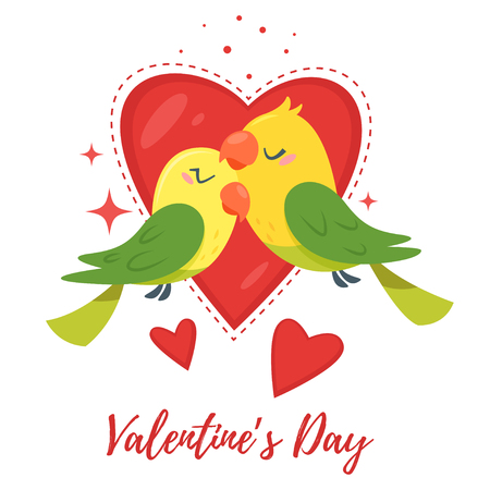 A Vector cartoon style Valentine's day greeting card with lovely two colorful parrots on background with hearts.のイラスト素材