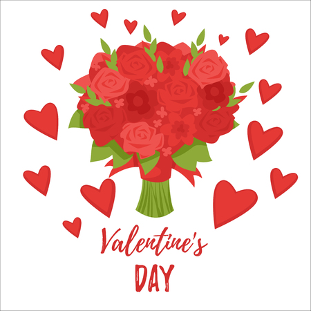 Vector cartoon style illustration of Valentine's day romantic gift card with bouquet of roses and hearts.のイラスト素材