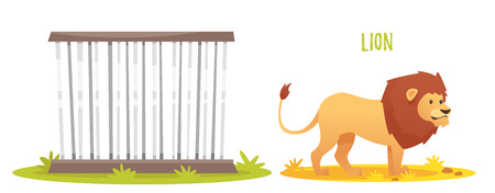 Vector cartoon style illustration of wild lion. Zoo cage. isolated on white background.のイラスト素材