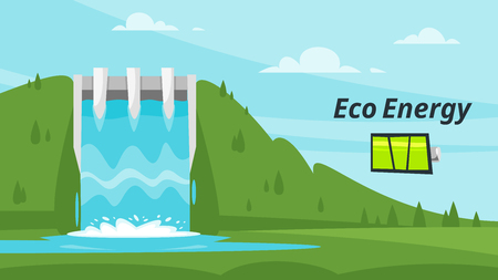 Vector cartoon style illustration of 	
water-power plant. Renewable and sustainable energy. Environmental and ecology concept. Horizontal composition.のイラスト素材