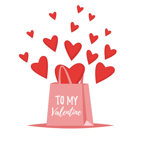 Vector cartoon style illustration of Valentine's day romantic gift. Pink hopping bag full of hearts. Isolated on white background.のイラスト素材
