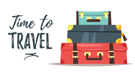 Vector cartoon style illustration of pile of three vintage suitcases. Time to travel text. Travel and tourism.のイラスト素材