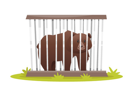 Vector cartoon style illustration of poor sad bear in zoo cage. isolated on white background.のイラスト素材