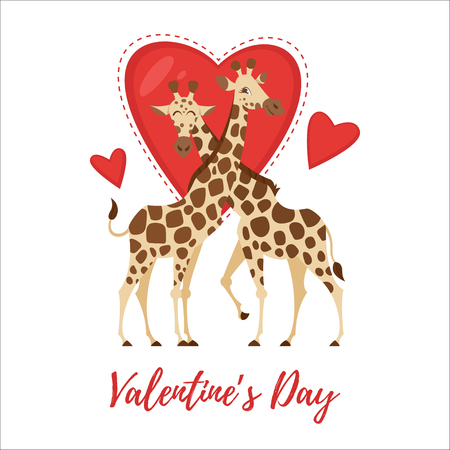 Vector cartoon style illustration of Valentine's day romantic gift card with cute two giraffes and hearts at the background. White background.のイラスト素材