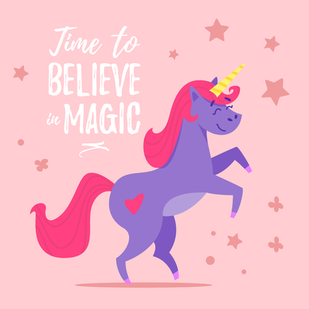 Vector cartoon style illustration of happy unicorn. Believe in magic text.のイラスト素材