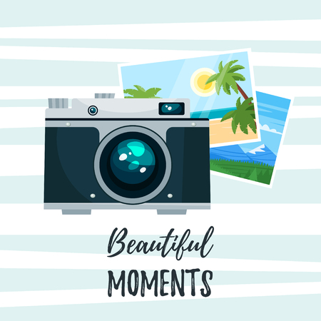 Vector cartoon style illustration of vintage photo camera with holiday photos. Beautiful moments text. Travel and tourism. Background with stripes.のイラスト素材