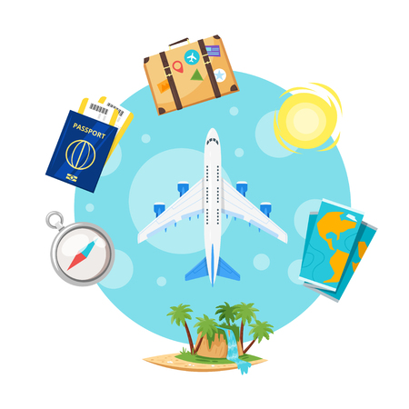 Vector cartoon style illustration of aircraft and journey icons around. Travel and tourism. Advertisement poster isolated on white background.のイラスト素材