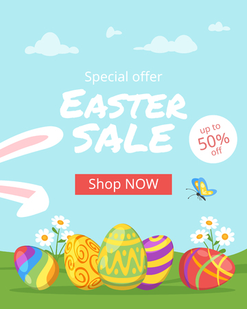 Vector  cartoon style illustration of Easter Sale banner with colorful eggs on the meadow and holiday bunny ears. Shop now button.               のイラスト素材