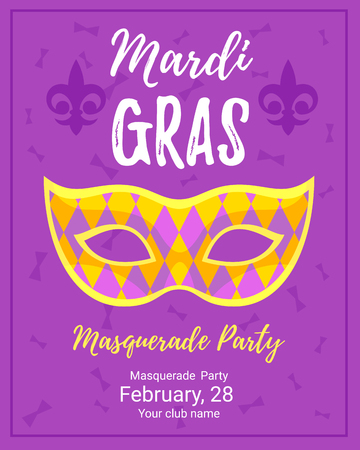 Vector  cartoon style illustration of Mardi Gras poster for masquerade party template with colorful holiday maskのイラスト素材
