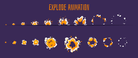 Vector cartoon style set of game fire with smoke explode effect burst sprites for animation. Game user interface (GUI) element for video games, computer or web design. Explosion frames.のイラスト素材
