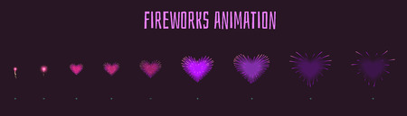 Vector cartoon style set of game violet heartshape fireworks explode effect burst sprites for animation. Game user interface (GUI) element for video games, computer or web design. Explosion frames.のイラスト素材