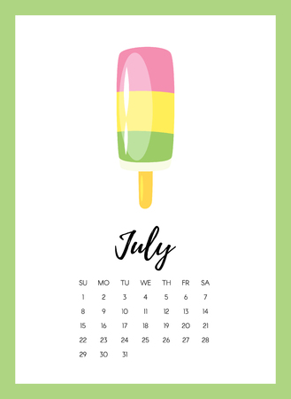 Vector cartoon style illustration of July 2018 year calendar page with ice cream. Template for print.のイラスト素材