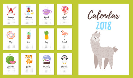 Vector cartoon style illustration of 2018 year calendar with cute animals and month symbols. Isolated on white background. Template for print.のイラスト素材