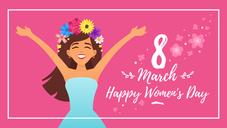 Vector cartoon style 8 of March International woman's day greeting card with happy woman character with wreath of flowers on pink background.のイラスト素材