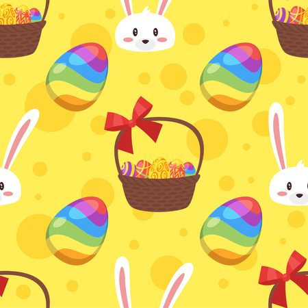 Vector cartoon style seamless pattern with cute Easter bunny and colorful eggs in festive basket on yellow background.のイラスト素材