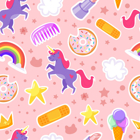 Vector cartoon style seamless pattern with unicorn, stars, tasty doughnut on pink background.のイラスト素材