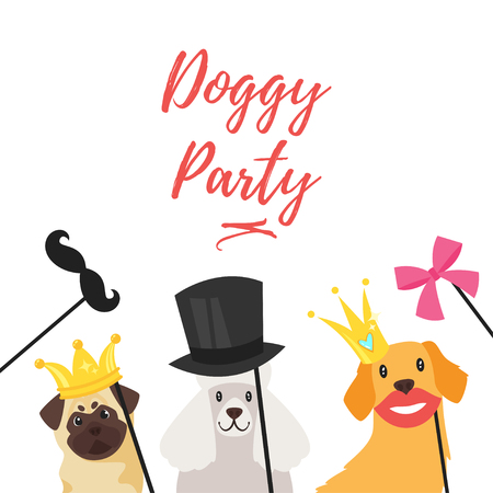 Vector  cartoon style illustration of Dog party greeting card with dogs and festive symbols on white background.のイラスト素材