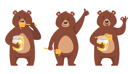 Vector cartoon style set of bear characters eating sweet honeyのイラスト素材