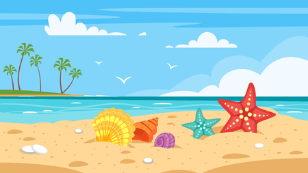 A Vector cartoon style background of sea shore with colorful seashells with Good sunny day.のイラスト素材