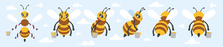 Vector cartoon style bee cute character for animation. Isolated on blue sky background.のイラスト素材