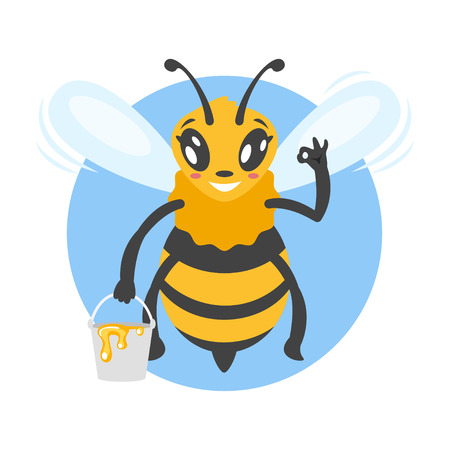 Vector cartoon style illustration of bee character holding bucket of honey and showing an okay gesture.のイラスト素材