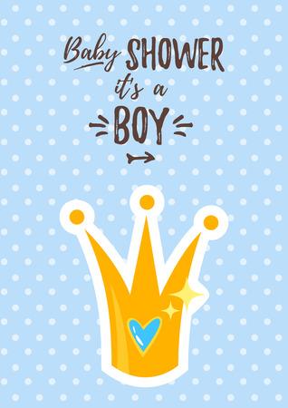 Vector cartoon style illustration of Baby shower invitation. Baby boy celebration greeting card template. Golden prince crown with heart inside on blue polka dot background.のイラスト素材