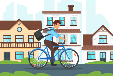 Vector cartoon style illustration of city landscape. Urban skyline. Modern skyscrapers and city transport. businessman riding on the bike and hurrying to work. Eco lifestyle.のイラスト素材