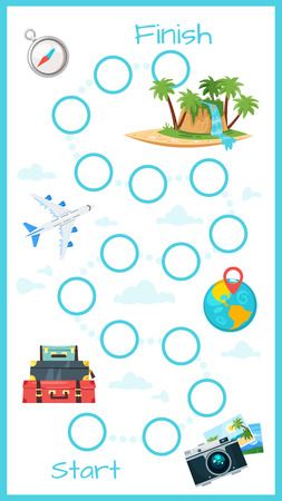 Vector cartoon style illustration of kids travel and tourism board game template. For print. Vertical composition with journey icons.のイラスト素材