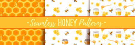 A Vector cartoon style set of seamless pattern with honey comb ornament and beekeeping symbols.のイラスト素材