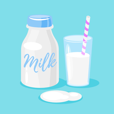 Vector cartoon style illustration of dairy products: milk packing and a glass of milk on blue background. Icon for web.のイラスト素材