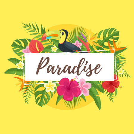 Cartoon style summer paradise design for season postcard or poster with floral composition and flower at the edge. Colorful vibrant template for print. Yellow background.のイラスト素材