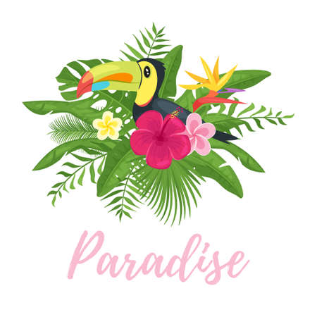 A Vector cartoon style summer paradise design for season postcard or poster with floral composition.のイラスト素材