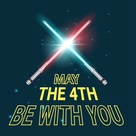 Greeting card vector template for May the 4th be with you text and two sword. Holiday card, dark space background.のイラスト素材