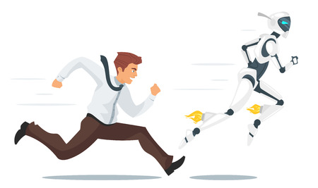 Vector cartoon style concept of human businessman vs robot confrontation running competition. Modern technology concept.のイラスト素材