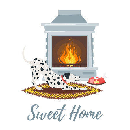 Vector cartoon style illustration of fireplace and cute dalmatian dog sleeping on the carpet near it. White background. Sweet home text.のイラスト素材