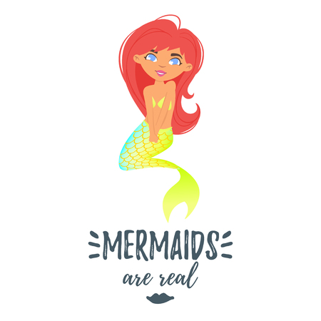 Vector cartoon style illustration of cute mermaid character. Mermaid concept. Mythical marine princess with red color hair.のイラスト素材