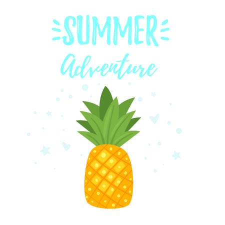 Vector cartoon style summer design for season postcard or poster background with pineapple. Summer adventure text.のイラスト素材