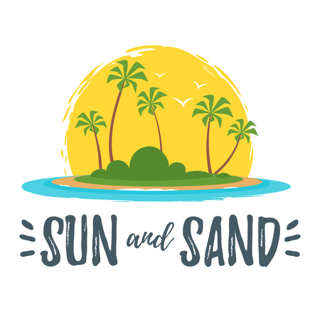 Vector cartoon style summer design for season postcard or poster background with paradise island with palm trees on white background. Sun and sand text.のイラスト素材