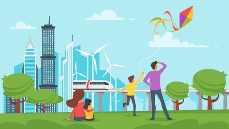 Vector cartoon style illustration of park with city at the background. Urban skyline with modern skyscrapers and windmill. Outdoor activity: family is resting together, father and son flying kite.のイラスト素材