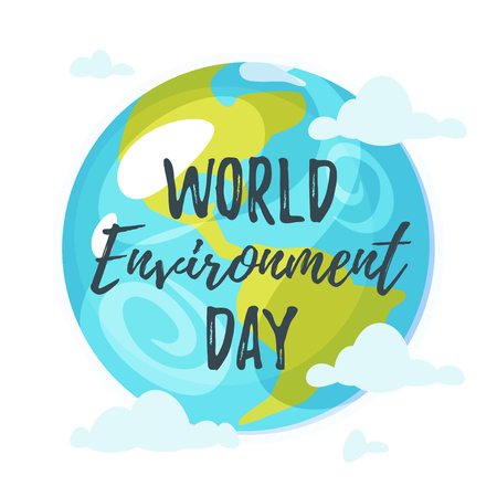 Vector cartoon style illustration of World Environment Day greeting card template or poster design. Planet Earth.のイラスト素材