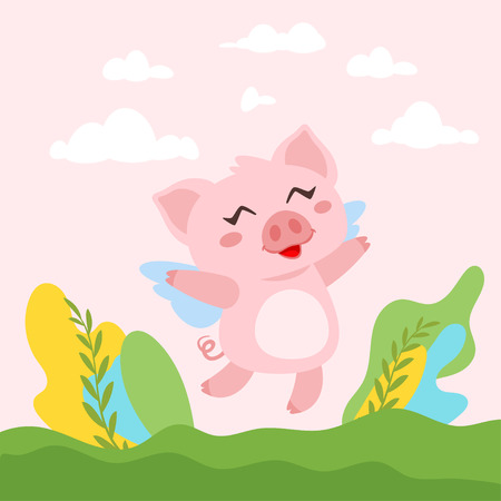 Vector cartoon style illustration of cute pink flying pig with wings. Background with green meadow and plants.のイラスト素材